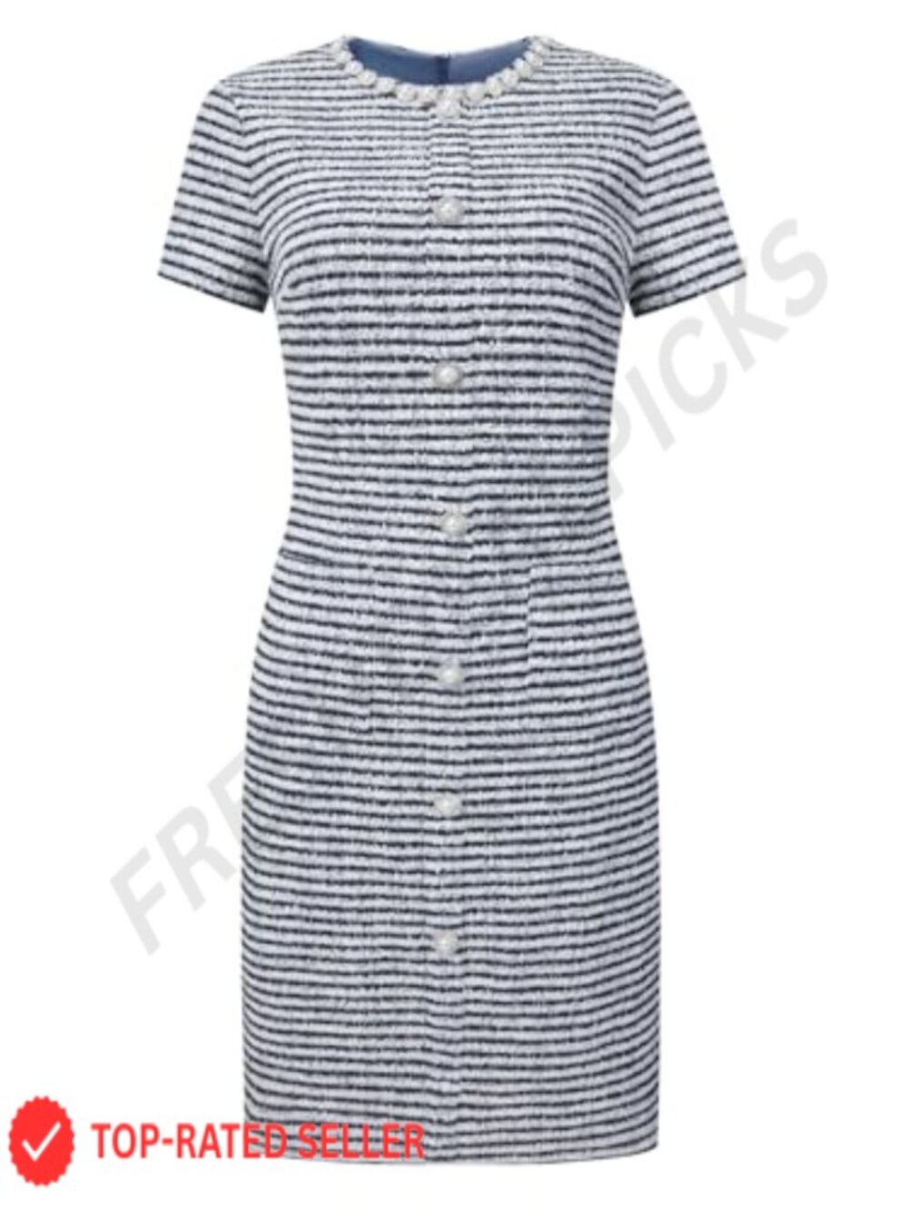 Hobemty Pearl Beaded Tweed Midi Dress Short Sleeve Cocktail Wedding